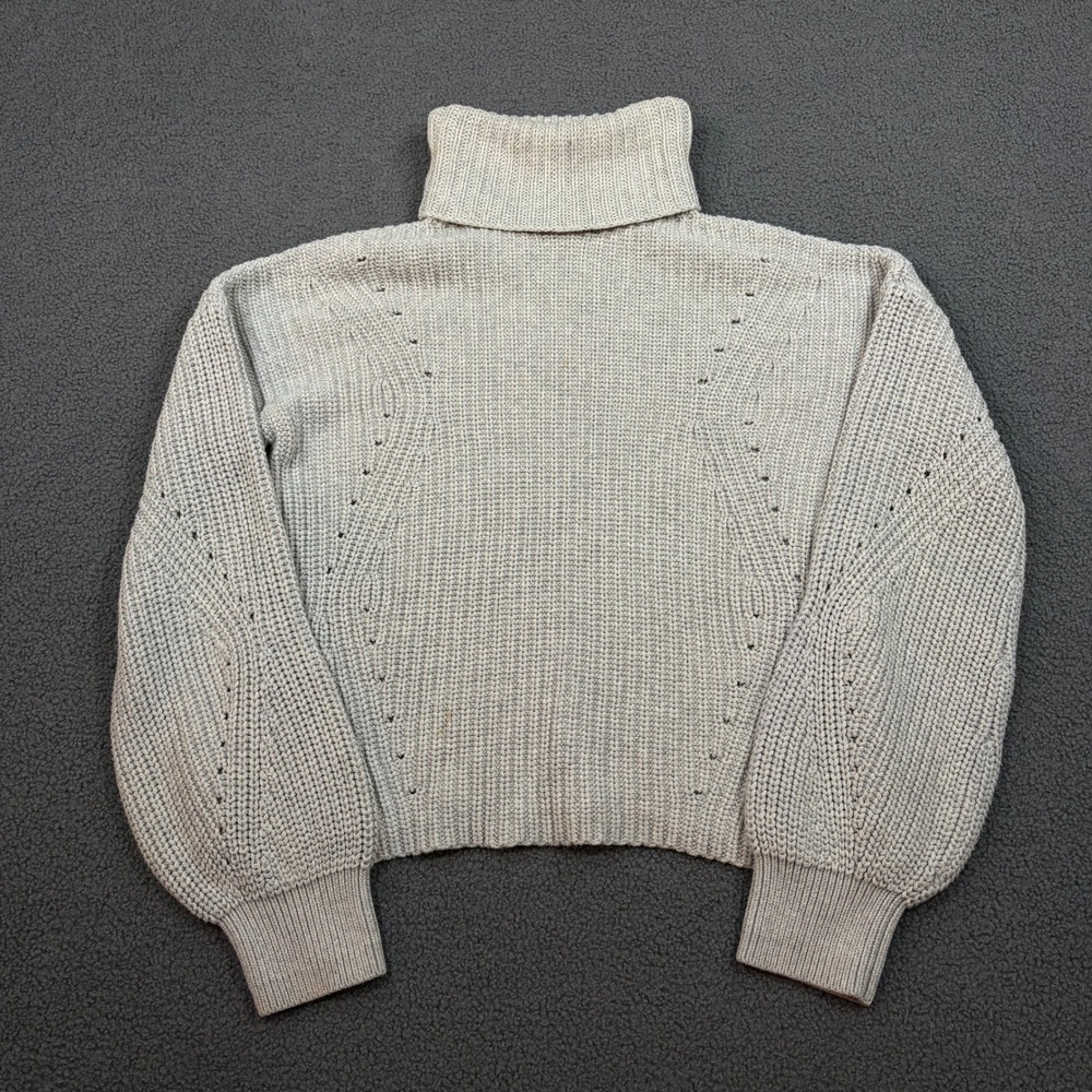 Brass Sweater Womens Large Gray Cotton Cashmere Blend Turtleneck Pointelle Knit